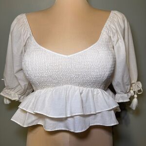 Space and Time Boho Tiered Babydoll Crop Top Shirt Puff Sleeve Blouse Size Large